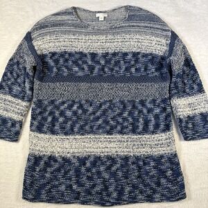 J.Jill Women's M Blue White Mixed Knit 3/4 Sleeve Textured Sweater‎ Cotton Blend
